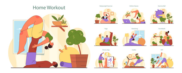Home Workout set. Indoor fitness routine variety. Engaging in yoga, stretching, and strength training. Interactive digital training through an app. Flat vector illustration.
