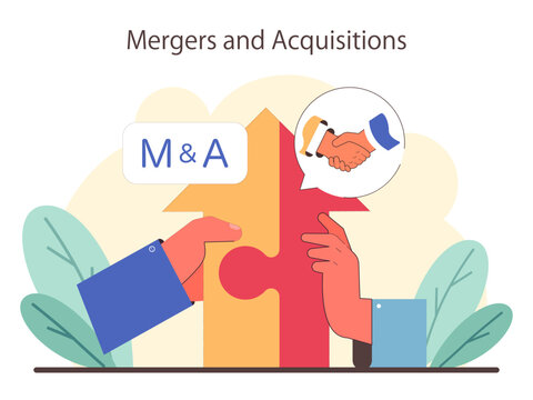 Mergers and Acquisitions concept. Hands fitting together puzzle pieces, depicting business integration. Partnership handshake, joint ventures. Flat vector illustration.