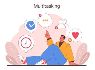 Multitasking concept. Casual man effortlessly managing time, social interaction, and personal goals. Juggling tasks with ease and efficiency. Flat vector illustration