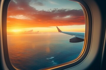 Airplane wing flying plane jet over tropical islands in ocean, view from window at sunset in summer 