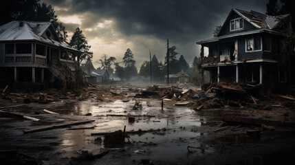 Fototapeta premium Desolate Flooded Street with Destroyed Houses After Storm