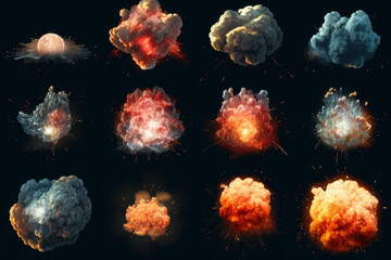 Impactful explosion elements isolated on black fire, smoke, burst for creative and powerful compositions. ai generative - obrazy, fototapety, plakaty