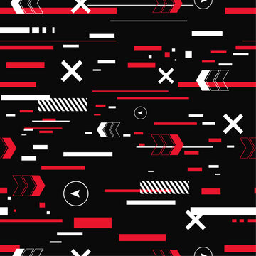 Patr&oacute;n sin fisuras Cyberpunk, efecto Glitch, gr&aacute;fico de Future. Material para prendas de vestir, prendas de vestir, textiles. Fondo para proyectos de impresi&oacute;n. Iconos, se&ntilde;ales futuristas, fallos.
