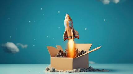 Illustration of a rocket launching from a cardboard box against a blue background, symbolizing innovation and progress. ai generative - obrazy, fototapety, plakaty