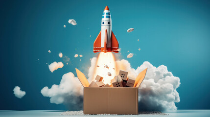 Rocket taking off from a cardboard box, a creative concept representing startup, delivery, and technological innovation. ai generative