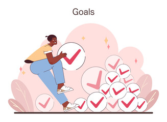 Goal Achievement Visualization. A cheerful individual securing a checkmark, representing the fulfillment of goals amidst an abundance of achieved tasks. Flat vector illustration