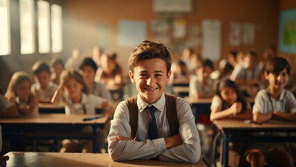 Obraz premium Happy Learning: School Classroom Photo with Smiling Students in the Education Process