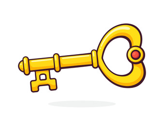 Golden key in heart shape. Valentine's Day symbol. Vector illustration. Hand Drawn Cartoon Clipart with Outline. Isolated on white background