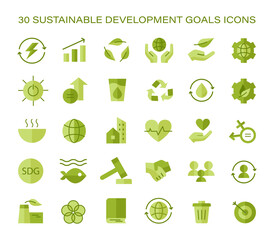 Sustainable development goals icon set. Global objectives visual guide. Ecology, energy, equality, and education focus. Comprehensive icons for awareness and education. Flat vector illustration.