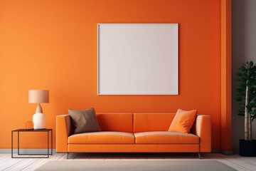Beautiful interior design, a contemporary living room with a mockup of a frame on an orange background,