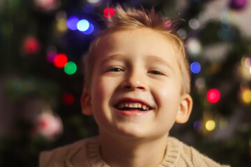 close-up portrait of a boy in a sweater against the background of a blurry Christmas tree