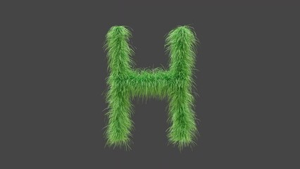 3D animation green grass letter H, isolated beautiful letter of green grass blowing in the wind, 3D rendering, RGB Alpha, UHD 4K