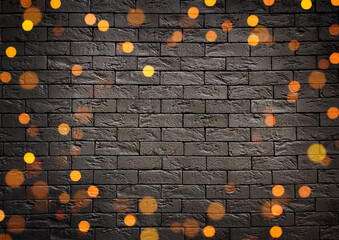 Festive Christmas background. An empty, brick, dark wall. The background. The backdrop. Bokeh. Defocus lights. View from above. Copying Space