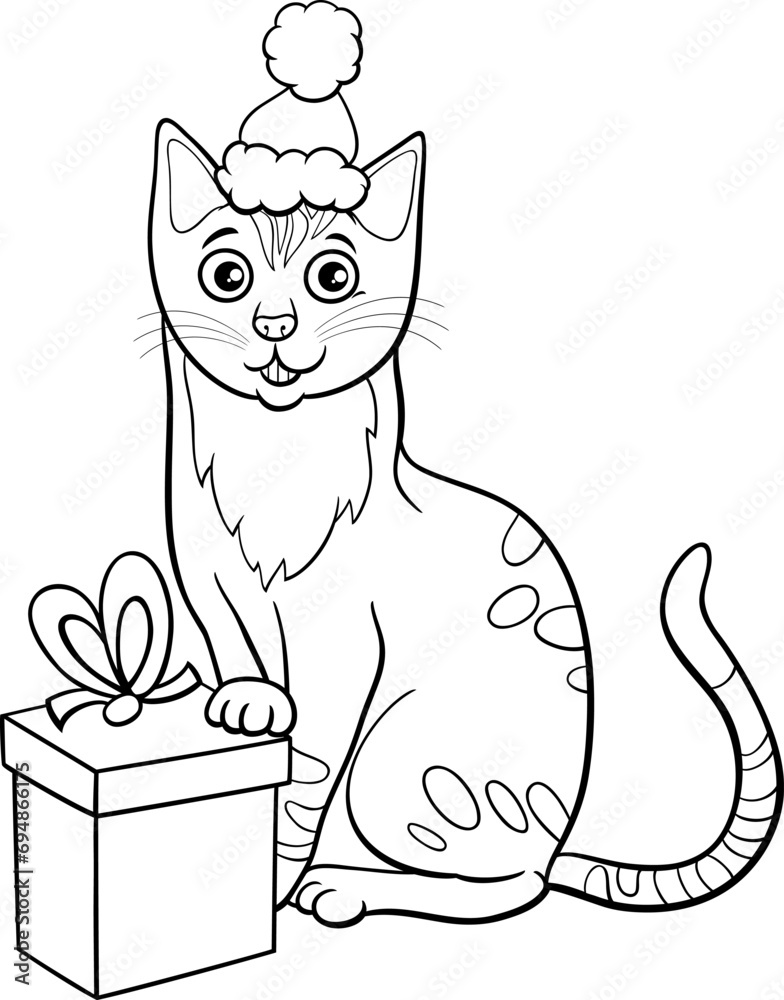 Canvas Prints cartoon cat with present on christmas time coloring page