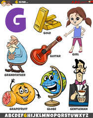 Letter G set with cartoon objects and characters