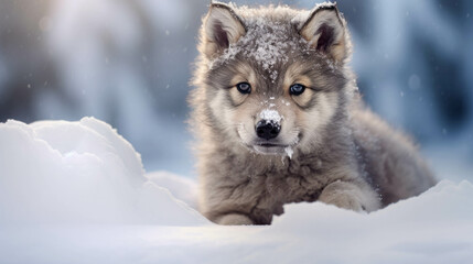 Winter fun captured in a portrait of a cute wolf puppy playing in the snow.  ai generative