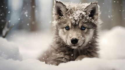 Obraz premium Winter playtime for a cute wolf puppy in the snow, captured in an adorable portrait. The fluffy fur and happy expression of this baby animal bring warmth and charm to your collection. ai generative