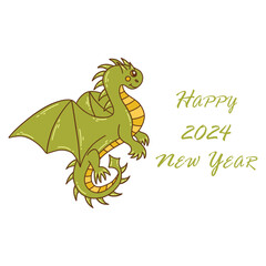 Flying green dragon soars in the air. Happy 2024 New Year text. Colorful vector isolated illustration hand drawn doodle. Symbol of the year 2024. Reptile from Asian countries, oriental animal banner