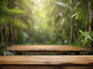 Empty-wooden-tabletop-podium-in-garden-open-forest,-blurred-green-plants-background-with-space.-organic-product-presents-natural-placement-pedestal-display,-spring-and-summer-concept - obrazy, fototapety, plakaty