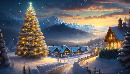 A Christmas tree illuminates a snowy village, enchanting a New Year’s fairy tale scene on Christmas Eve.
