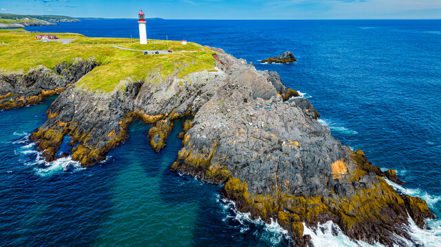Aerial of Cape Race Lighthouse, Mistaken Point, UNESCO World Heritage Site, Avalon Peninsula, Newfoundland, Canada