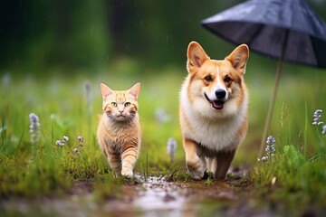 Naklejka na ściany i meble furry friends red cat and corgi dog walking in a summer meadow under the drops of warm rain 