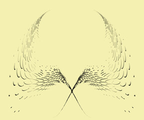 A frame of sketchy smooth strokes of a soaring pair of phoenix wings. Glitch shifting of contours. Simulates motion in a blurred image. Space for copying text. Vector.