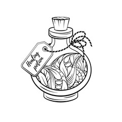 Bottle with magic calming potion. Black and white vector graphic. Antistress coloring page.