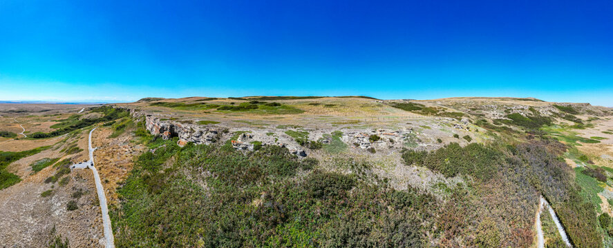 Aerial of the Head Smashed in Buffalo Jump, UNESCO World Heritage Site, Alberta, Canada