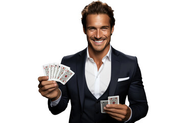 Handsome Male Magician Holding Cards isolated Isolated on Transparent Background PNG. - obrazy, fototapety, plakaty