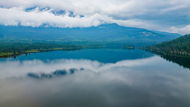 Aerial of Pyramid Lake, Jasper National Park, UNESCO World Heritage Site, Alberta, Canadian Rockies, Canada