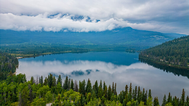 Aerial of Pyramid Lake, Jasper National Park, UNESCO World Heritage Site, Alberta, Canadian Rockies, Canada
