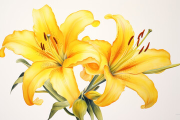 painting of vibrant yellow lily flower on white background