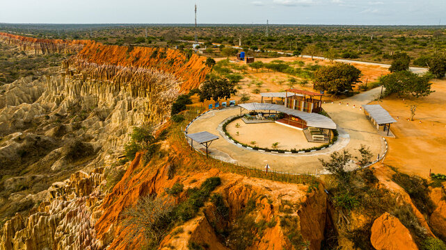 Aerial of the sandstone erosion landscape of Miradouro da Lua (Viewpoint of the Moon), south of Luanda, Angola