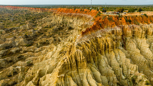 Aerial of the sandstone erosion landscape of Miradouro da Lua (Viewpoint of the Moon), south of Luanda, Angola
