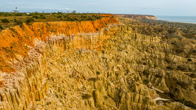 Aerial of the sandstone erosion landscape of Miradouro da Lua (Viewpoint of the Moon), south of Luanda, Angola