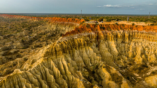 Aerial of the sandstone erosion landscape of Miradouro da Lua (Viewpoint of the Moon), south of Luanda, Angola