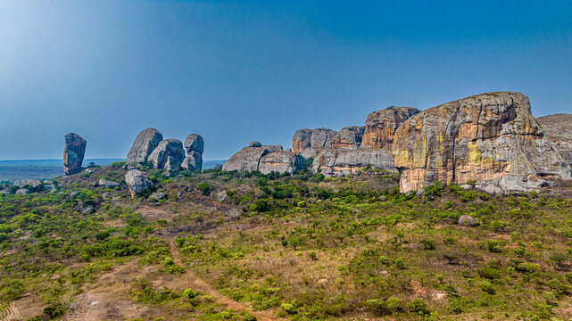 Aerial of black rocks of Pungo Andongo, Malanje, Angola