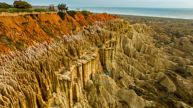 Aerial of the sandstone erosion landscape of Miradouro da Lua (Viewpoint of the Moon), south of Luanda, Angola