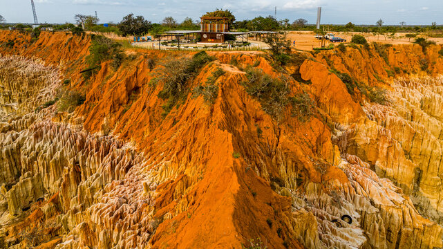 Aerial of the sandstone erosion landscape of Miradouro da Lua (Viewpoint of the Moon), south of Luanda, Angola