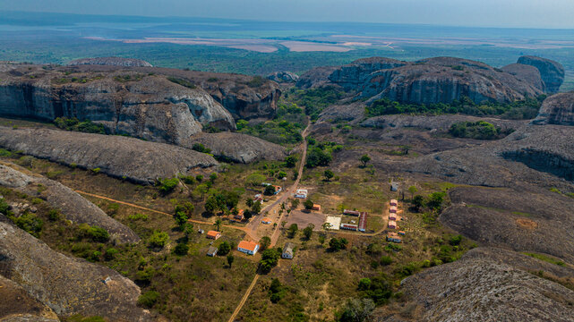 Aerial of black rocks of Pungo Andongo, Malanje, Angola
