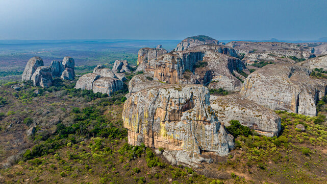 Aerial of black rocks of Pungo Andongo, Malanje, Angola