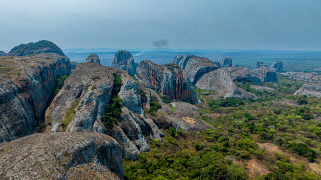 Aerial of black rocks of Pungo Andongo, Malanje, Angola