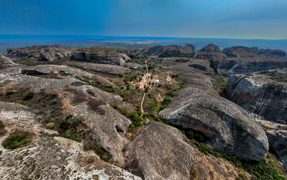 Aerial of black rocks of Pungo Andongo, Malanje, Angola