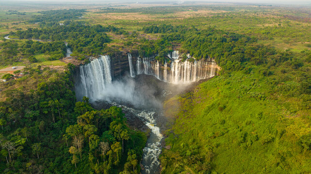 Aerial of the third highest waterfall in Africa, Calandula Falls, Malanje, Angola