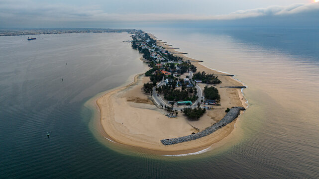 Aerial of the long sandy peninsula, Lobito, Angola