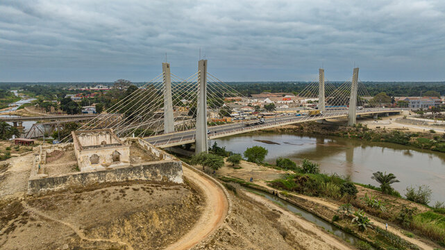 Aerial of the bridge over Catumbela, Benguela, Angola