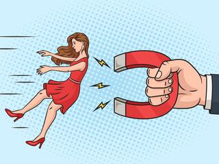 Man attracts woman with magnet pinup pop art retro hand drawn raster illustration. Comic book style imitation.