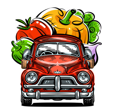 recommend clip art: Farm organic food delivery. Truck and fresh vegetables. Vector illustration