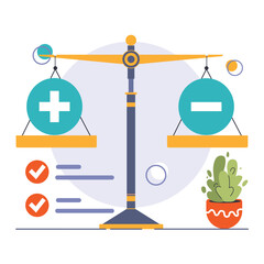 Decision-making. Strategic thinking, brainstorming and solution research. Multiple options dilemma. Pros and cons , risk and benefits analysis. Flat vector illustration